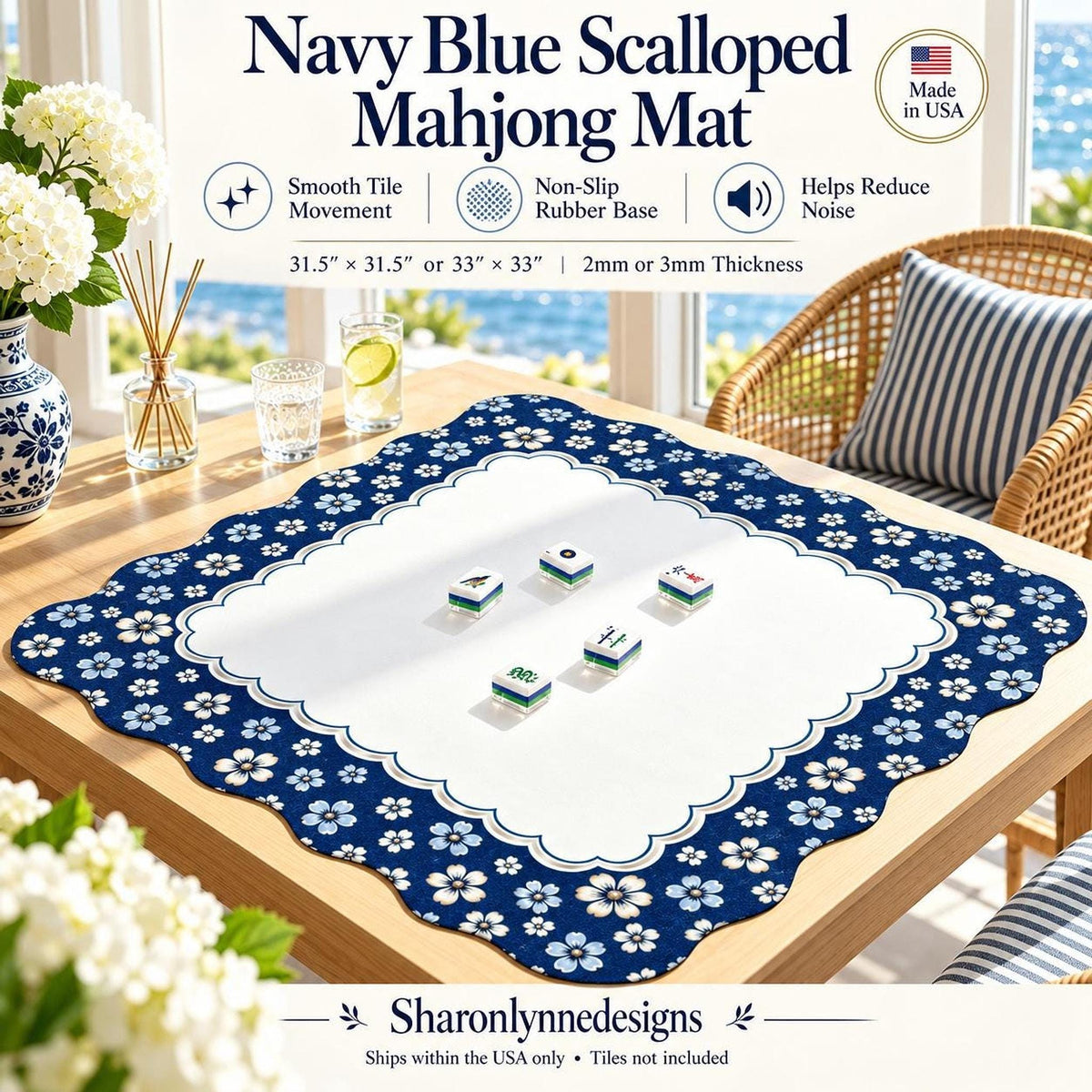 Navy Blue Scalloped Mahjong Mat (Made in USA)