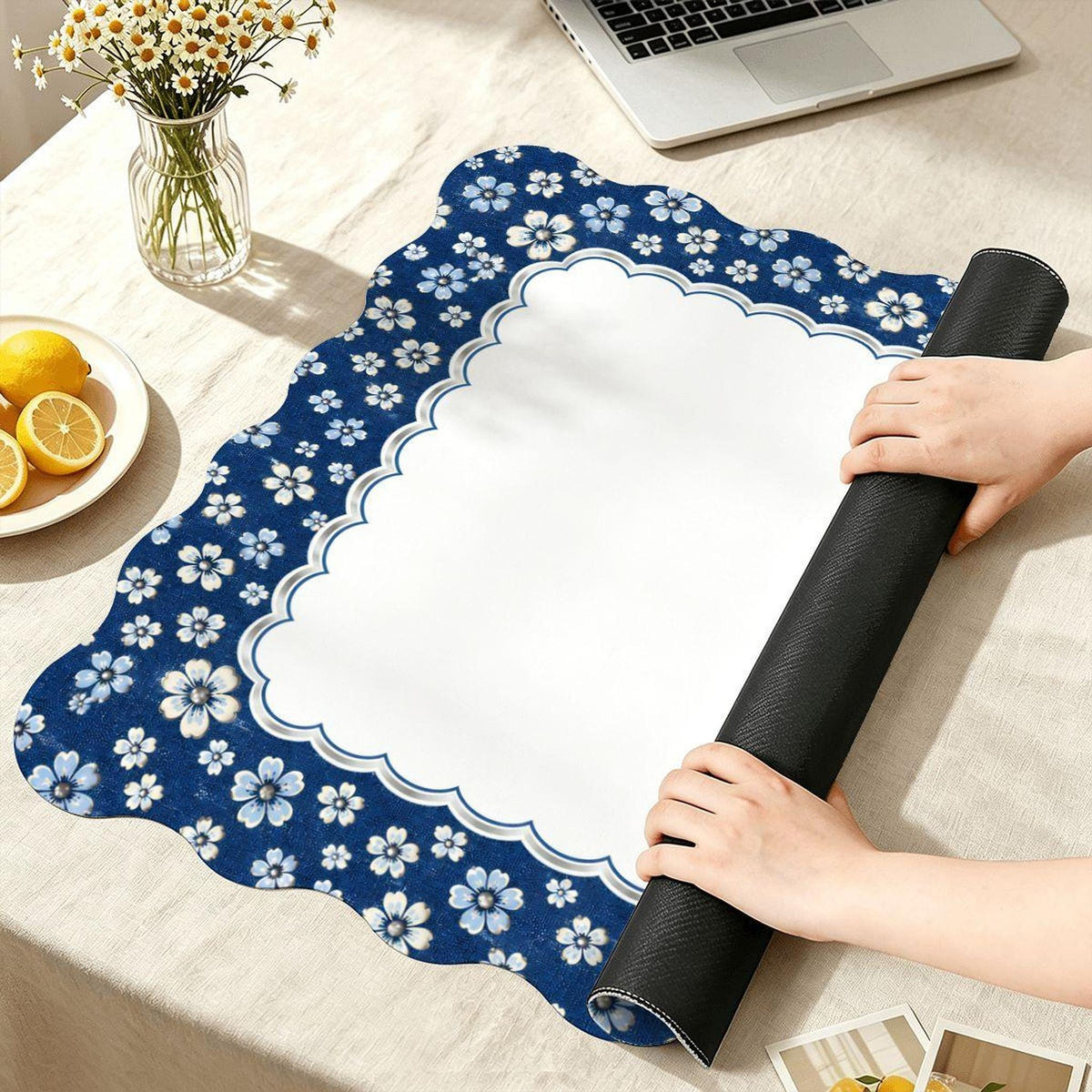 Navy Blue Scalloped Mahjong Mat (Made in USA)
