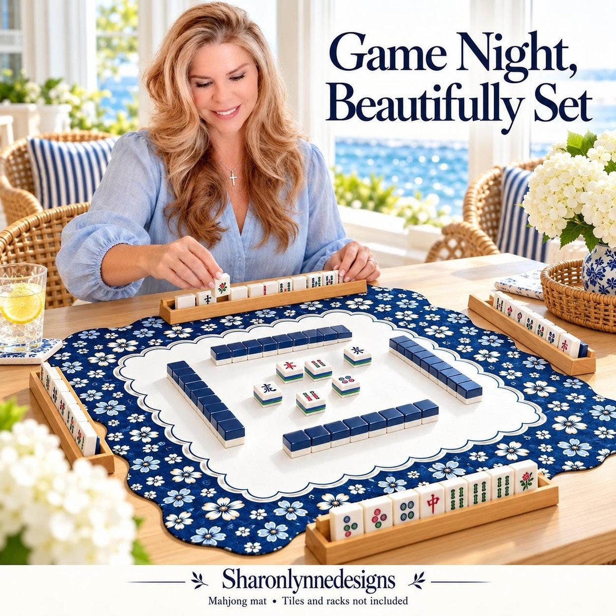 Navy Blue Scalloped Mahjong Mat (Made in USA)