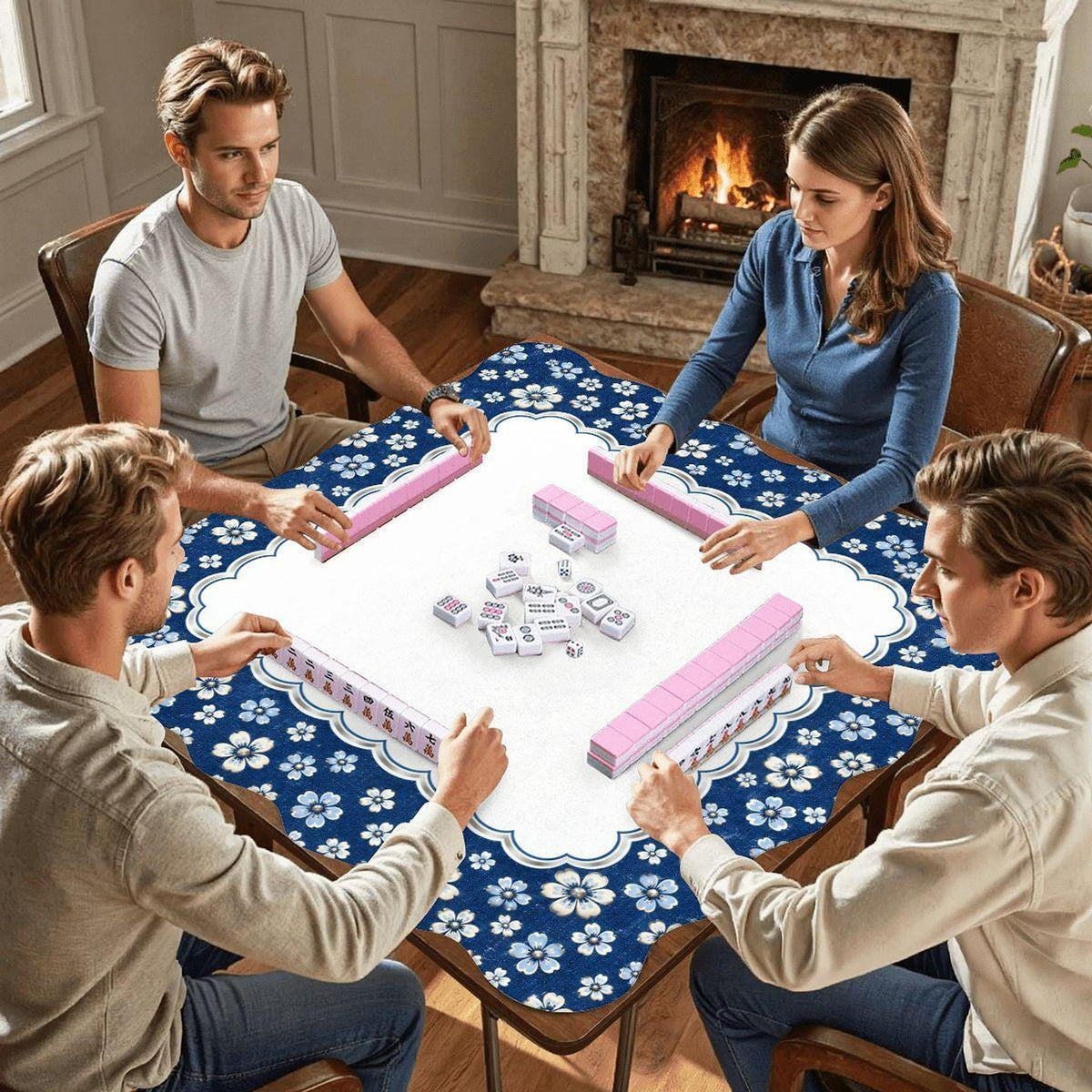 Navy Blue Scalloped Mahjong Mat (Made in USA)