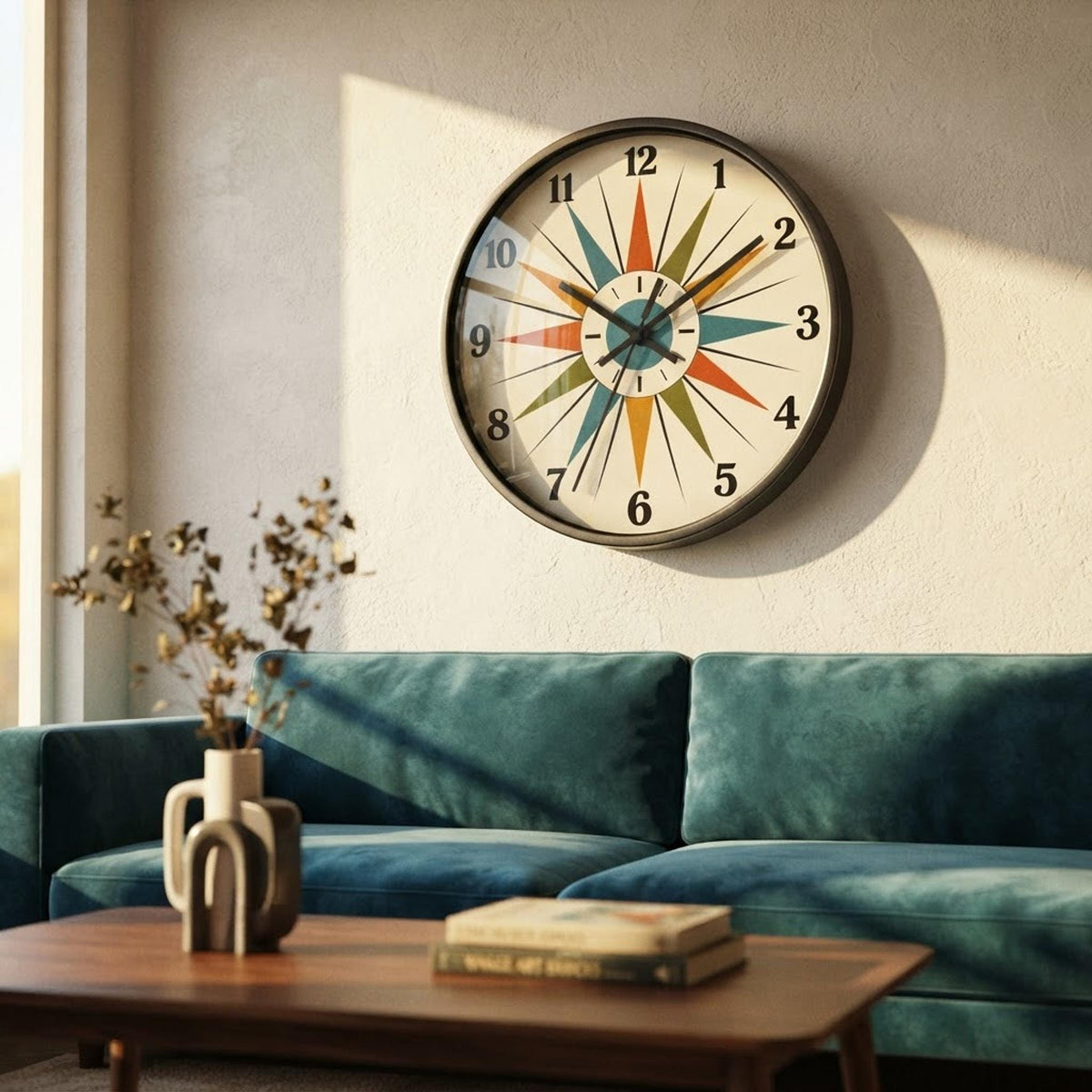 Mid Century Starburst Wall Clock, Wood Frame, Silent Mechanism