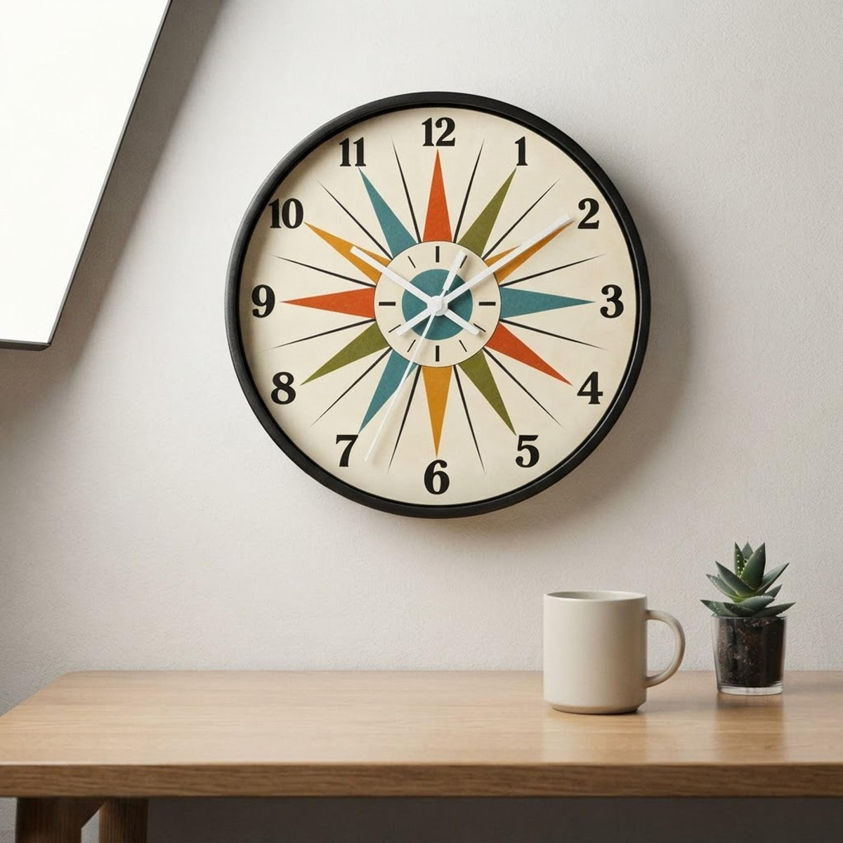 Mid Century Starburst Wall Clock, Wood Frame, Silent Mechanism