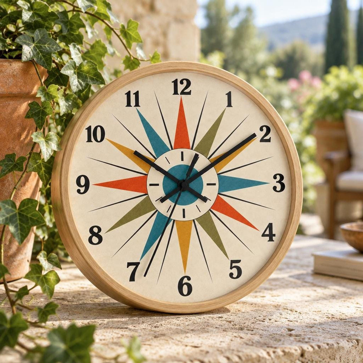 Mid Century Starburst Wall Clock, Wood Frame, Silent Mechanism