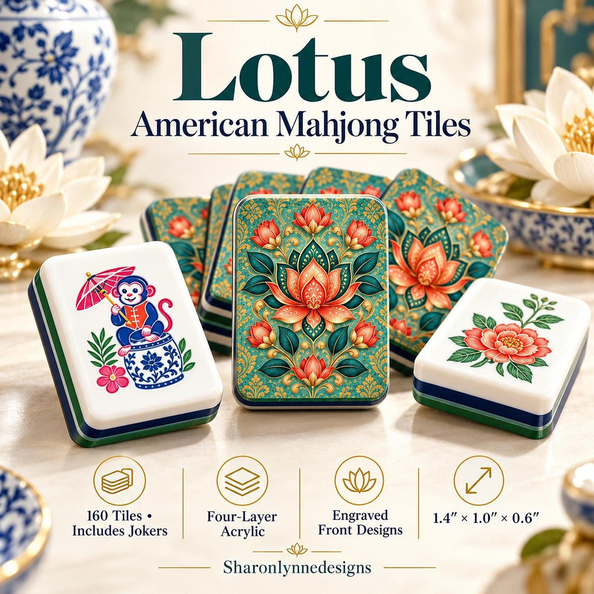 Lotus American Mahjong Tiles, 160-Piece Acrylic Set with Jokers