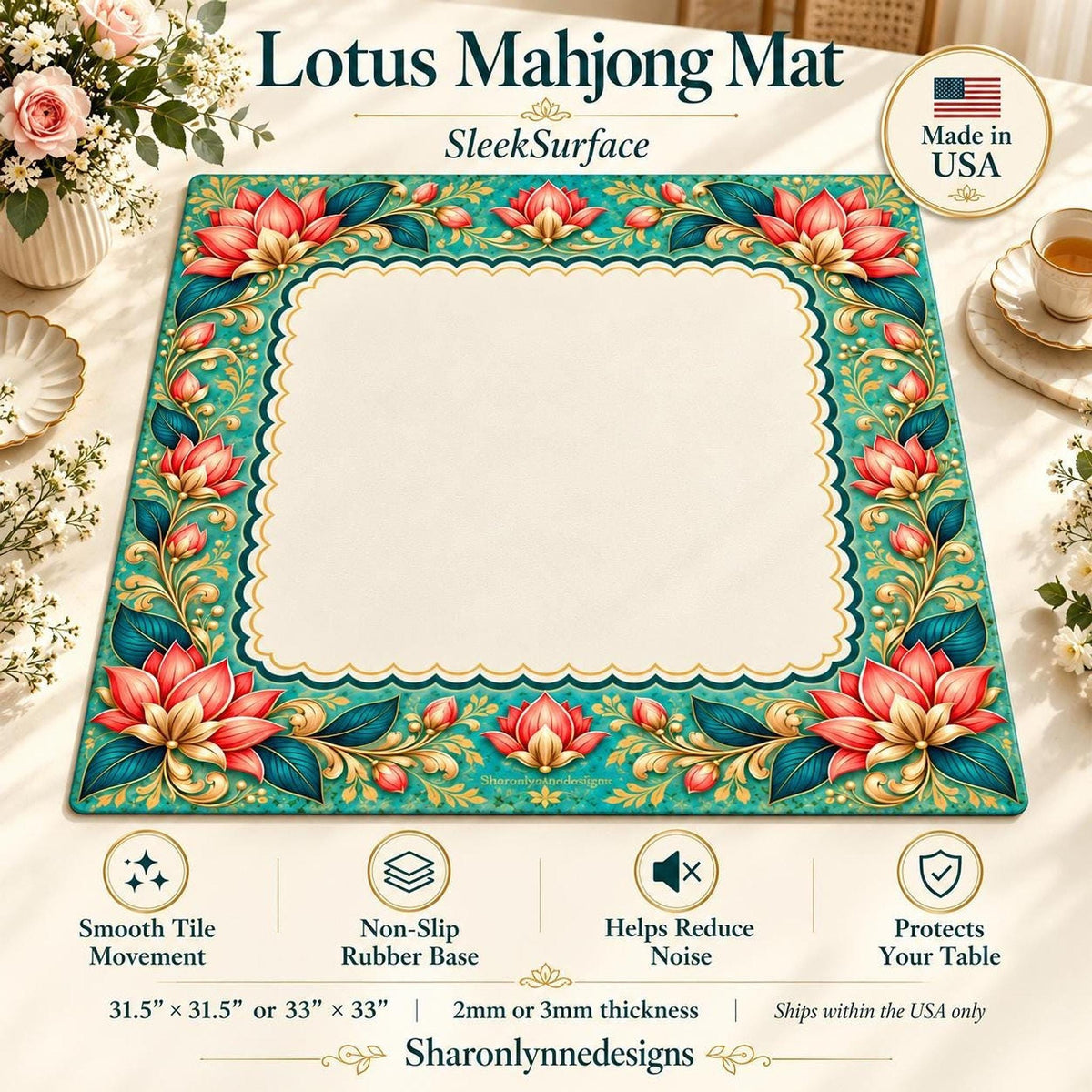 Lotus Mahjong Mat – Smooth Surface, Non-Slip Rubber Backing & Storage Bag, Made in USA