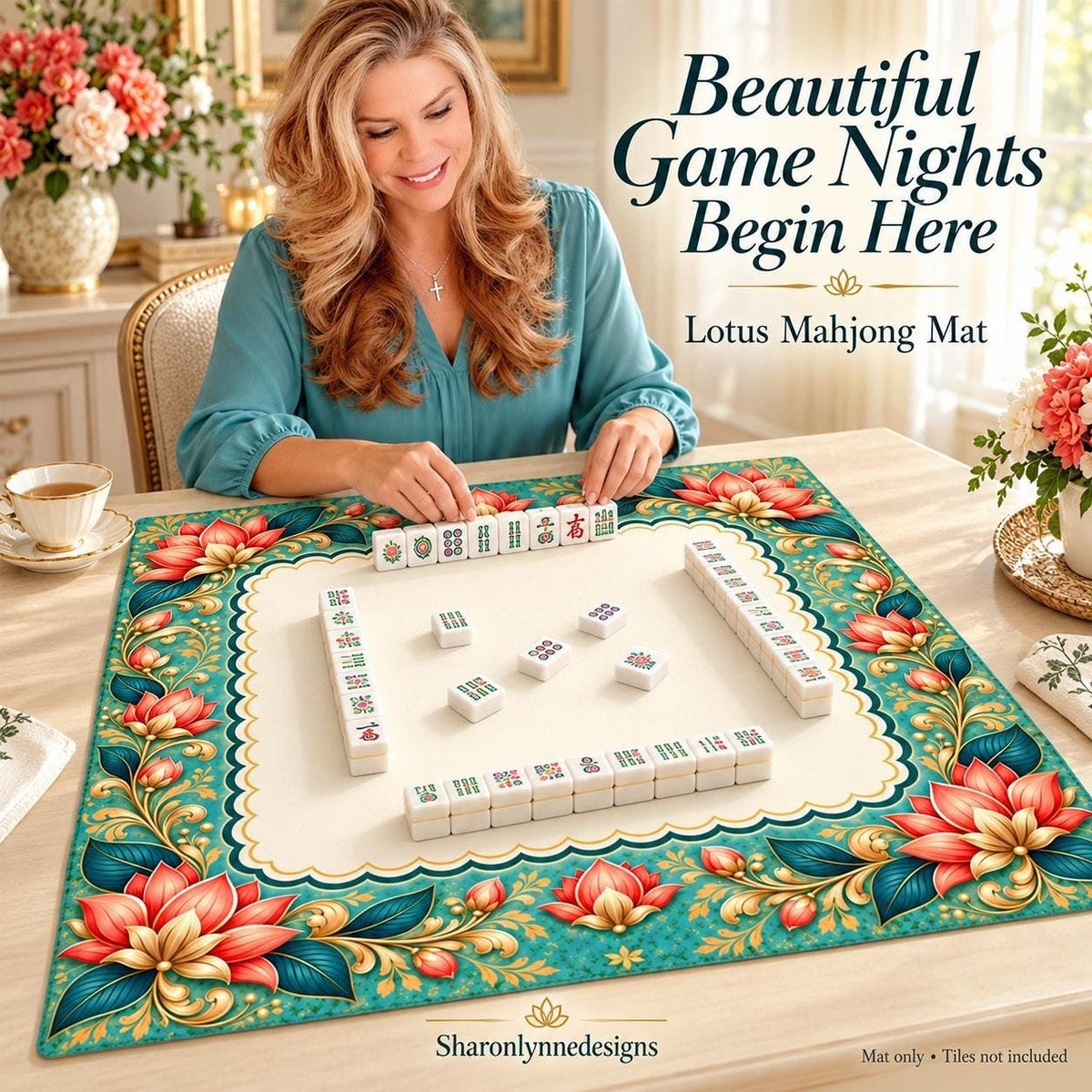 Lotus Mahjong Mat – Smooth Surface, Non-Slip Rubber Backing & Storage Bag, Made in USA