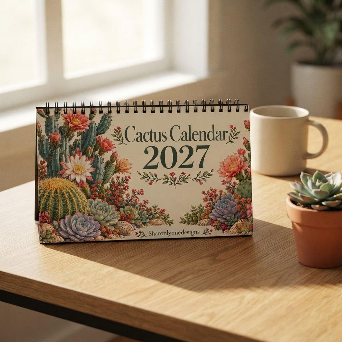 2027 Desk Calendar, Cactus and Succulent Art, Blank 10 x 5 Inch Spiral