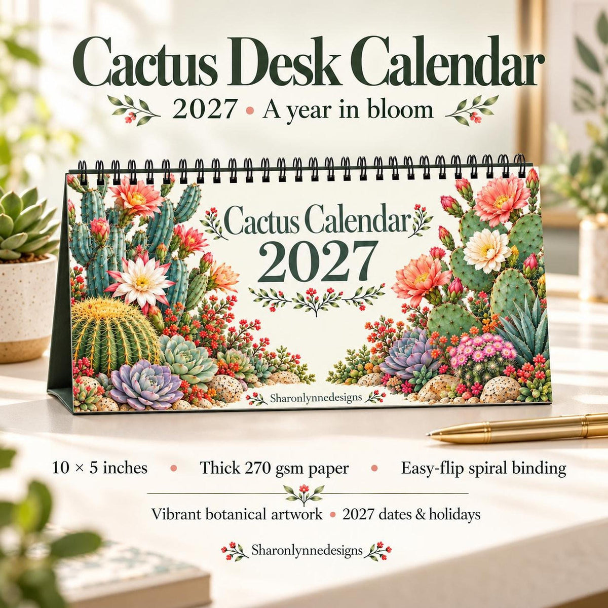2027 Desk Calendar, Cactus and Succulent Art, Blank 10 x 5 Inch Spiral