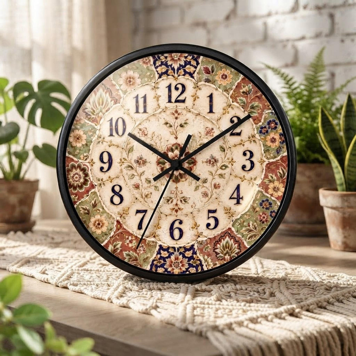 Floral Wall Clock, 10-Inch Square Wood Frame with Silent Mechanism