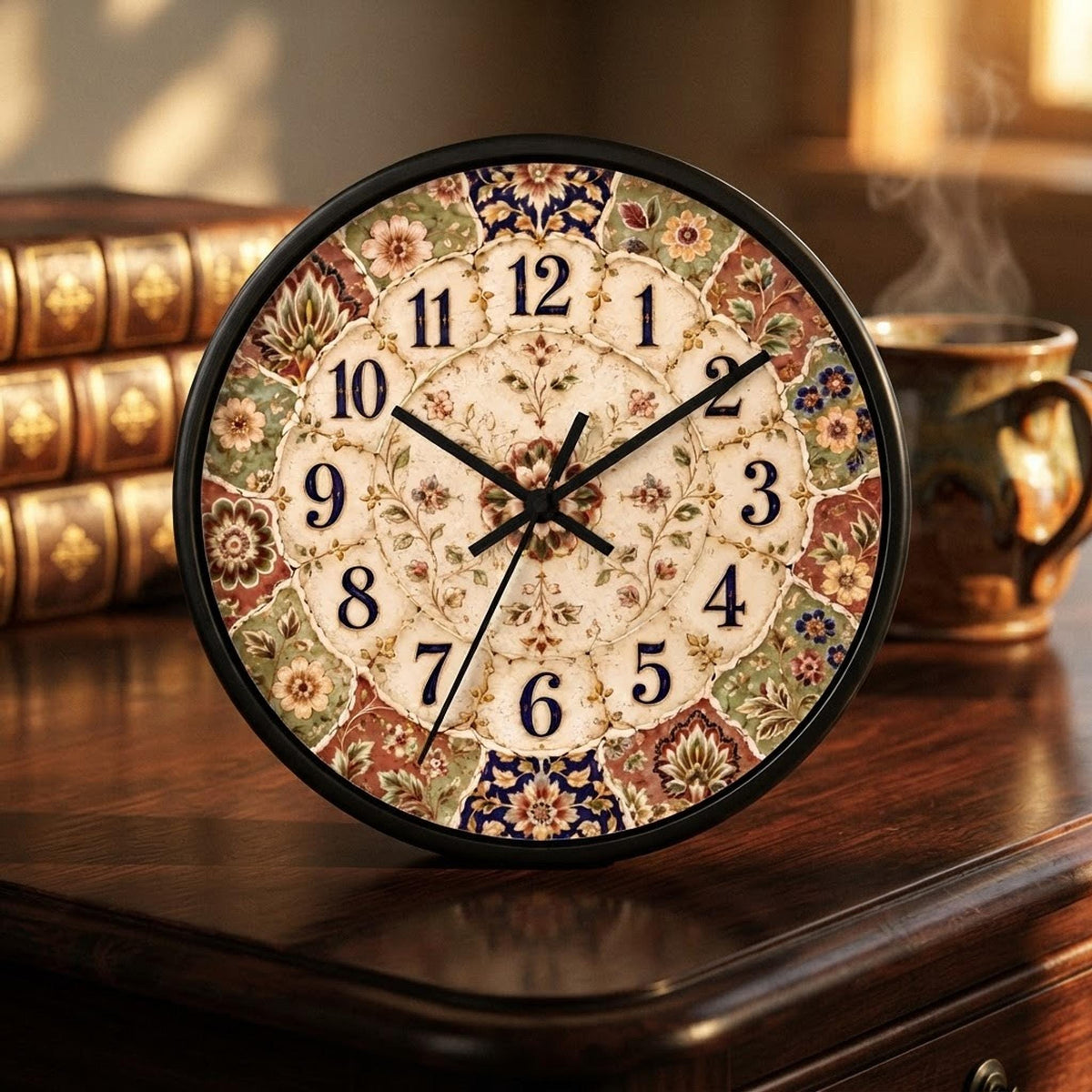 Floral Wall Clock, 10-Inch Square Wood Frame with Silent Mechanism