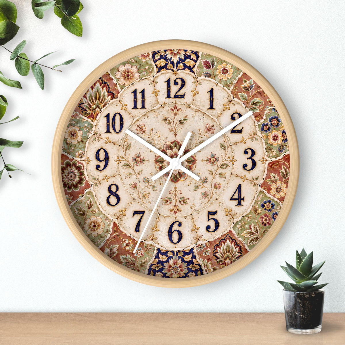 Floral Wall Clock, 10-Inch Square Wood Frame with Silent Mechanism