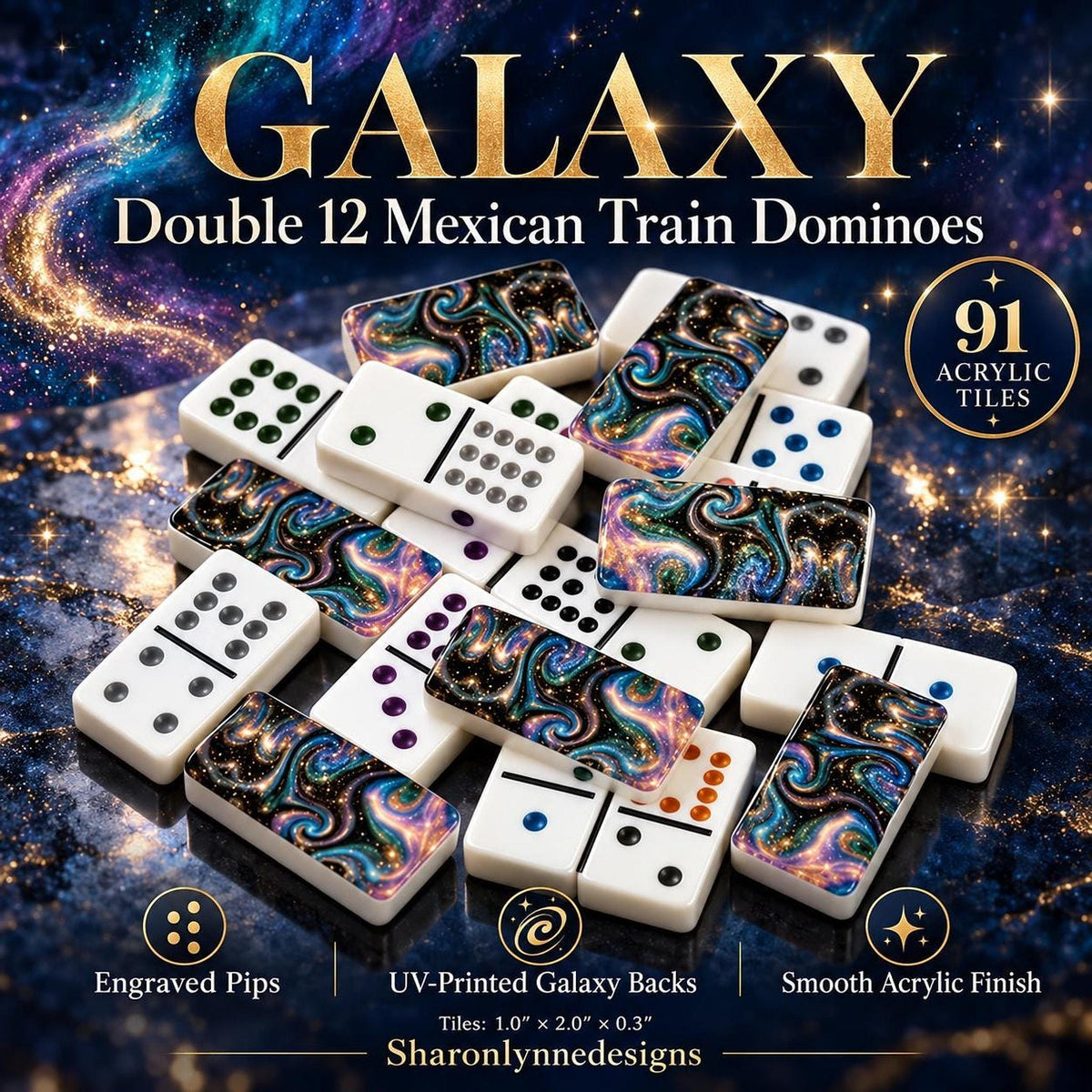 Double 12 Dominoes, Acrylic Mexican Train Set With Galaxy Tile Backs