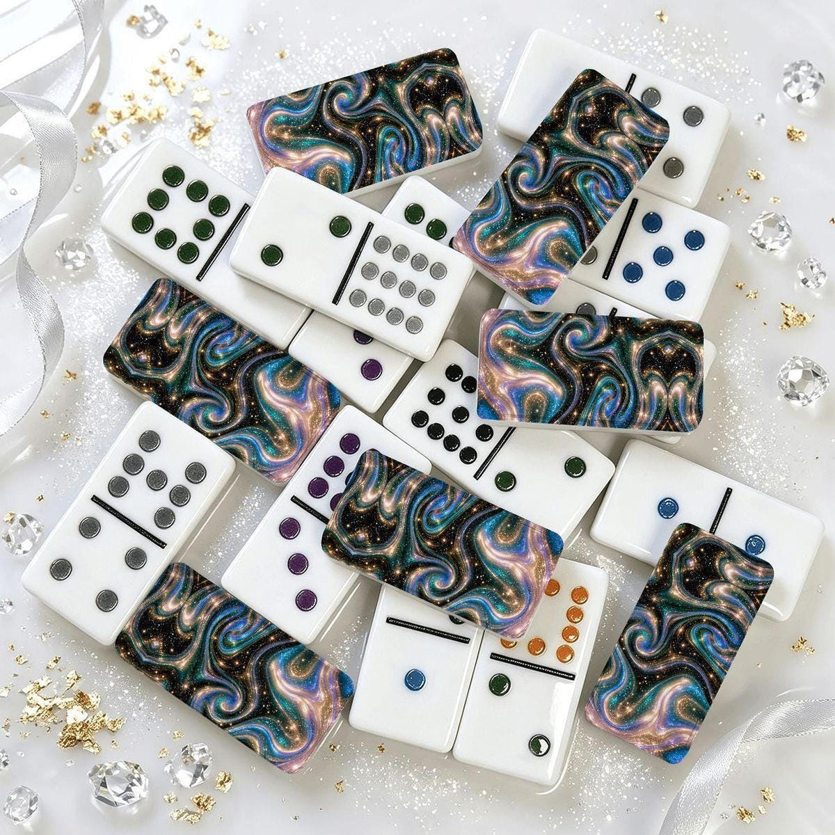 Double 12 Dominoes, Acrylic Mexican Train Set With Galaxy Tile Backs