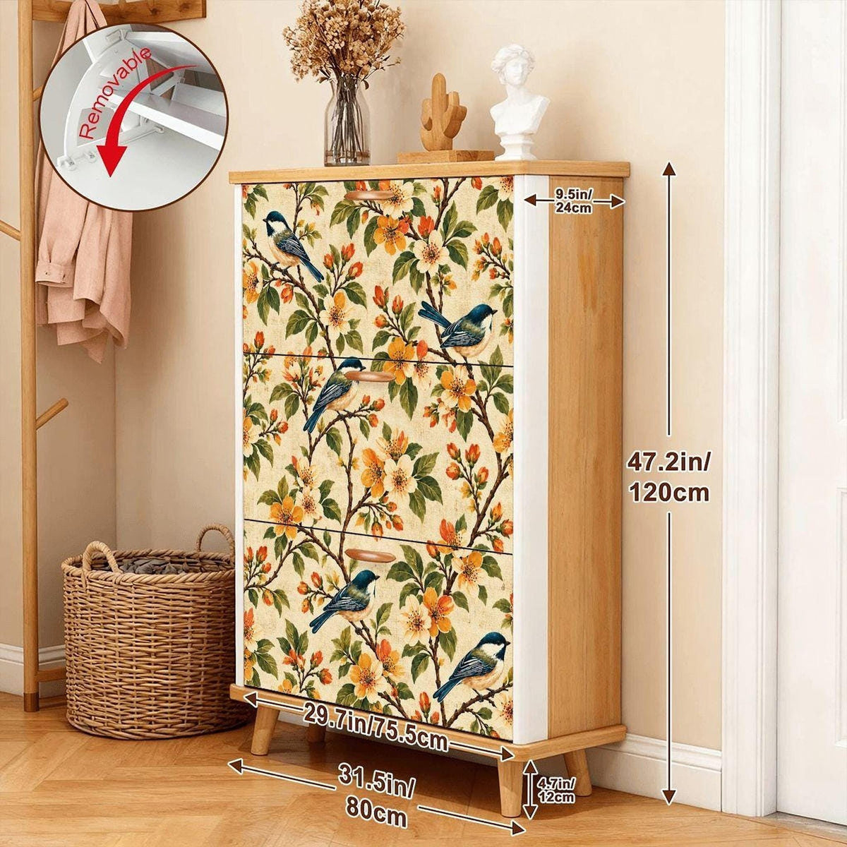 Pale Yellow Bird Shoe Cabinet (Made in USA)