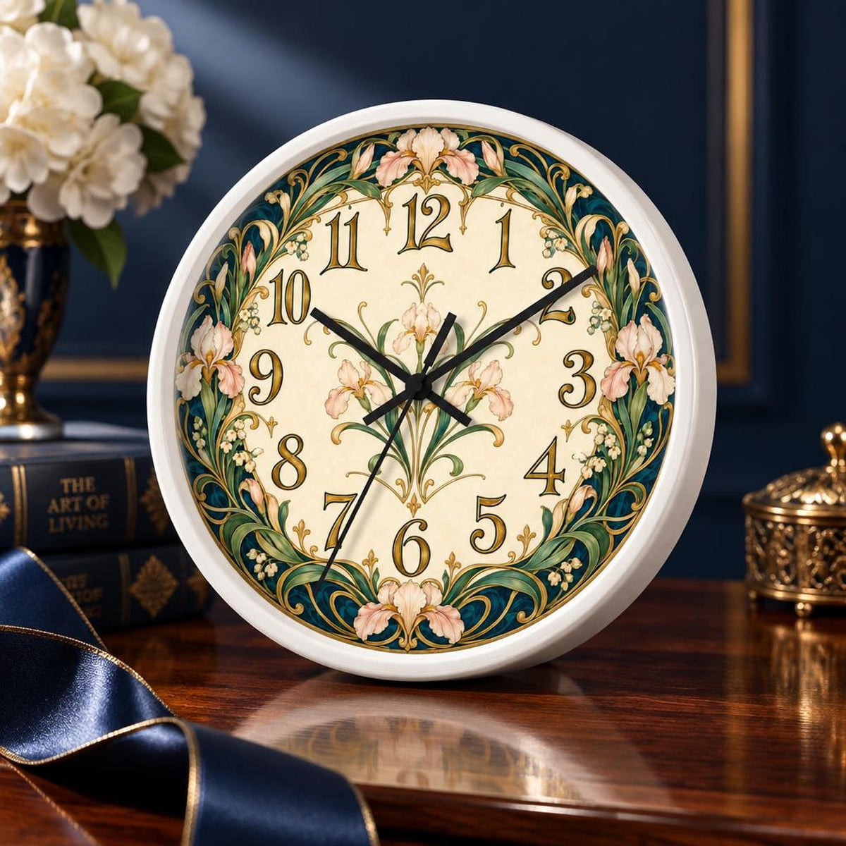 Floral Wall Clock, 10-Inch Wood Frame Art Nouveau Design with Silent Mechanism