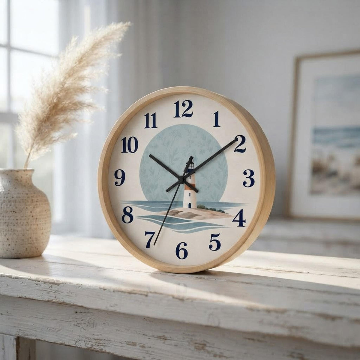 Coastal Wall Clock, 10-Inch Lighthouse Scene with Silent Mechanism