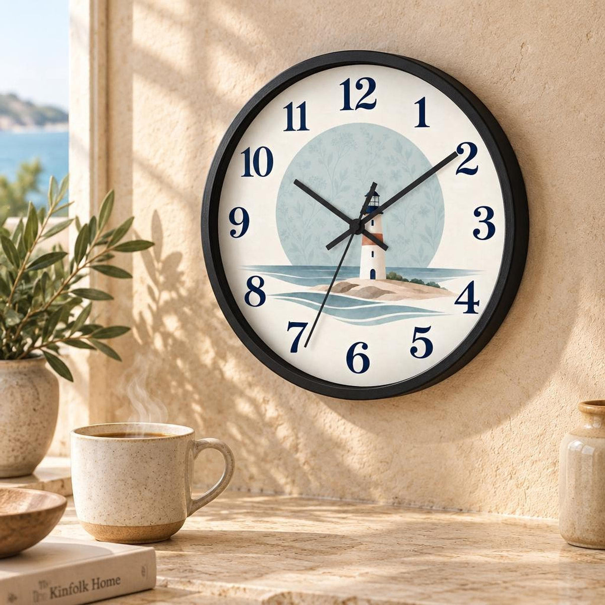 Coastal Wall Clock, 10-Inch Lighthouse Scene with Silent Mechanism