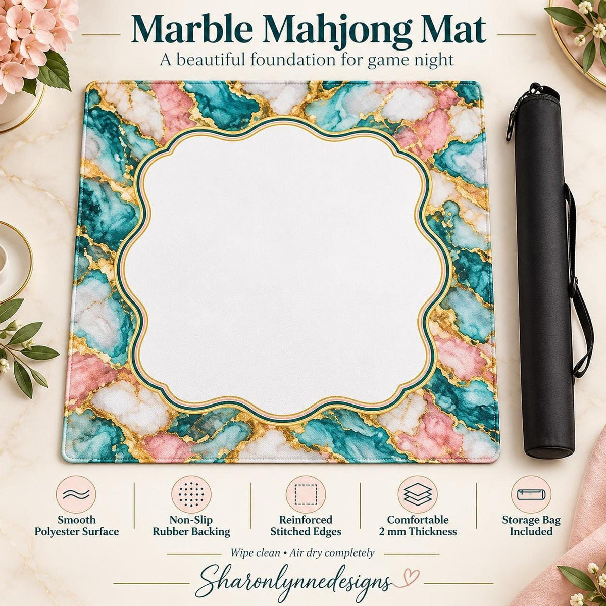 Marble Mahjong Mat – 33" × 33" Stitched-Edge Playing Mat with Storage Bag