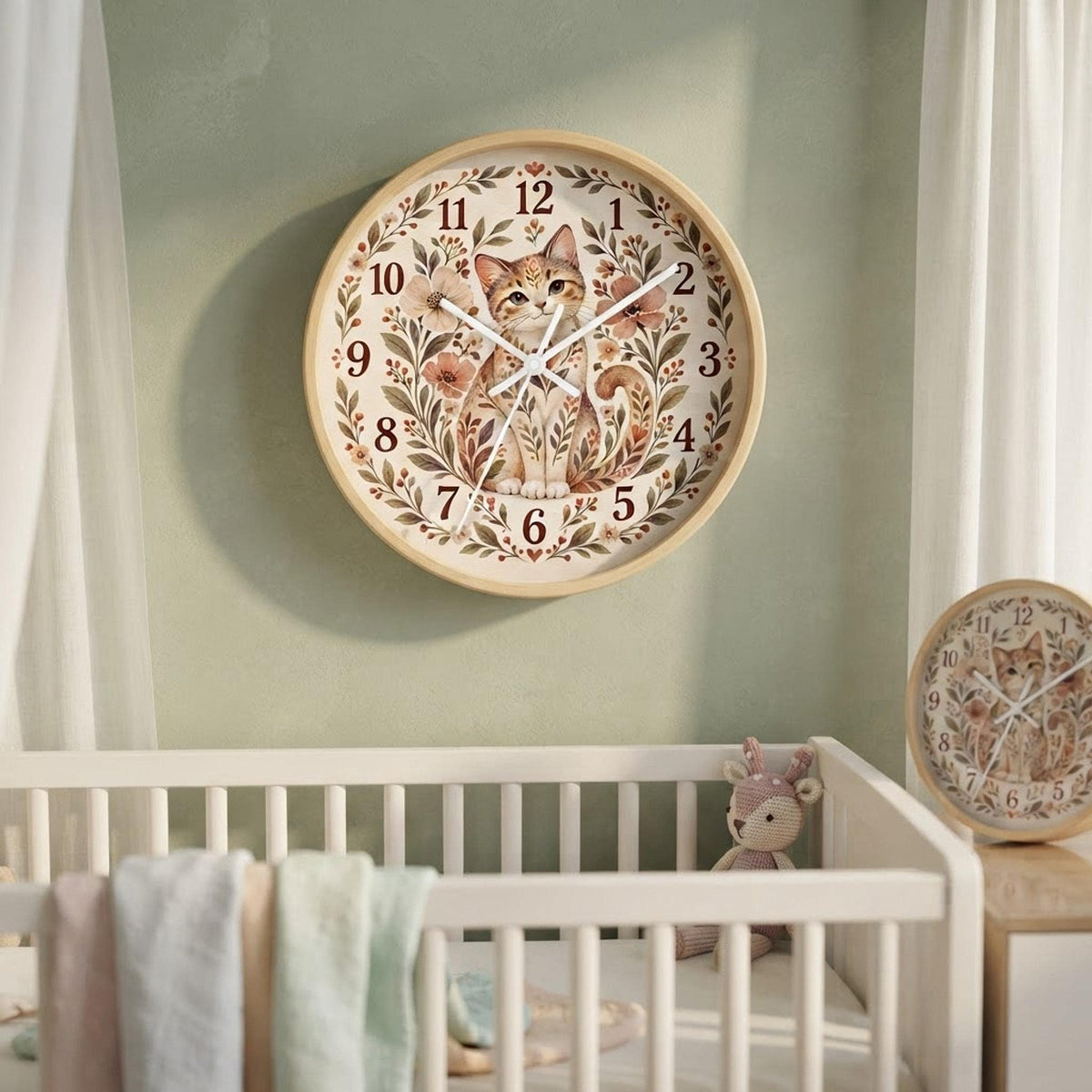 Floral Cat Wall Clock | Vintage Botanical Feline Design