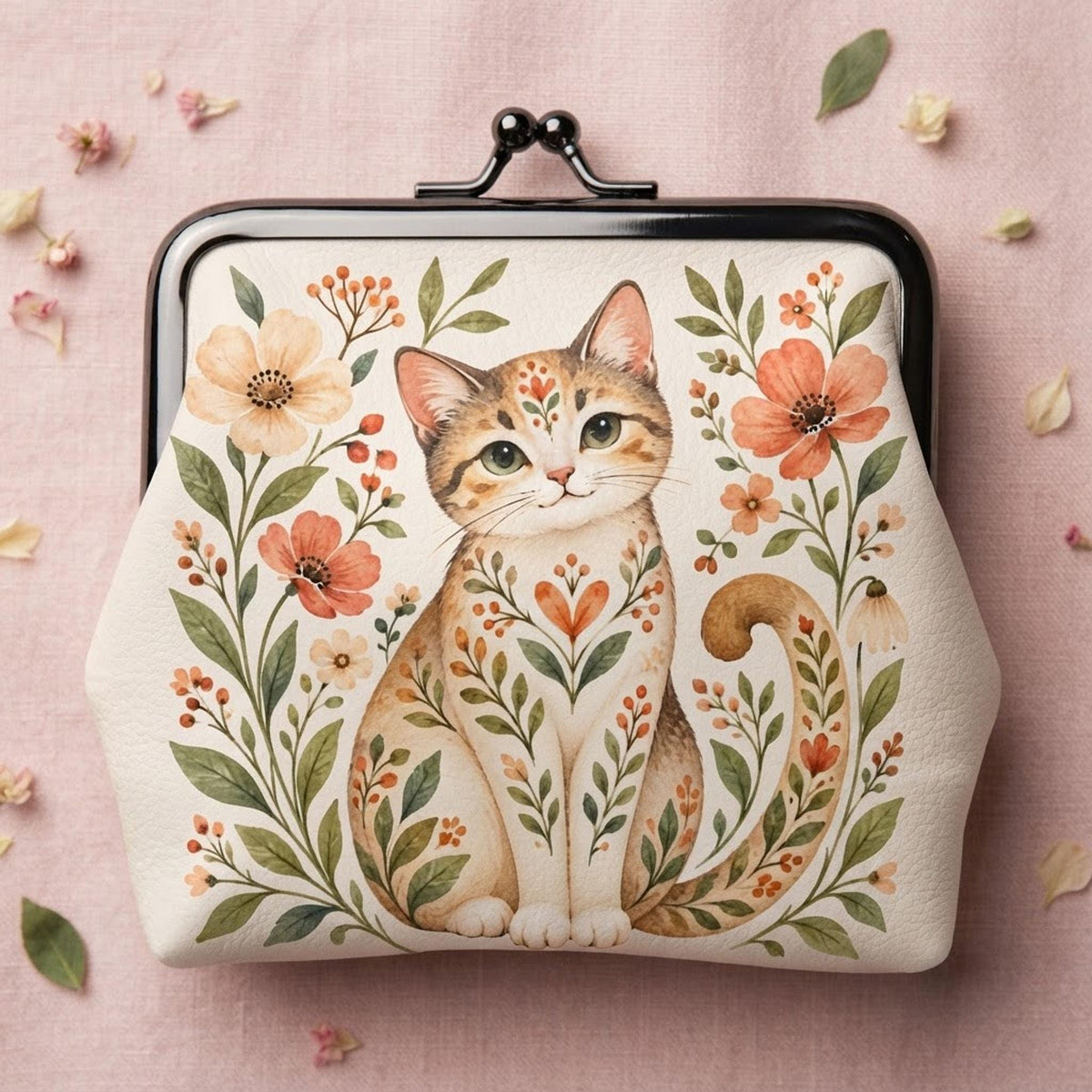 Floral Cat Coin Purse, 4.5 × 4.1 Inch Faux Leather Wallet