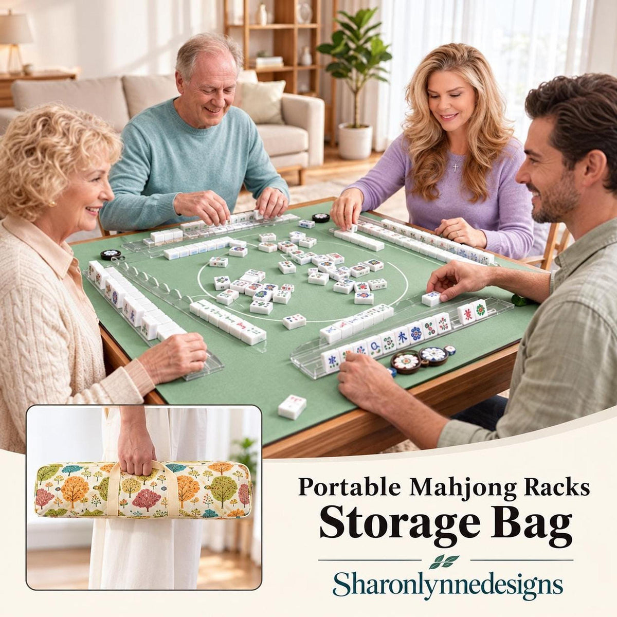 Extended Mahjong Rack Set, Acrylic with Scalloped Pushers and Storage Bag