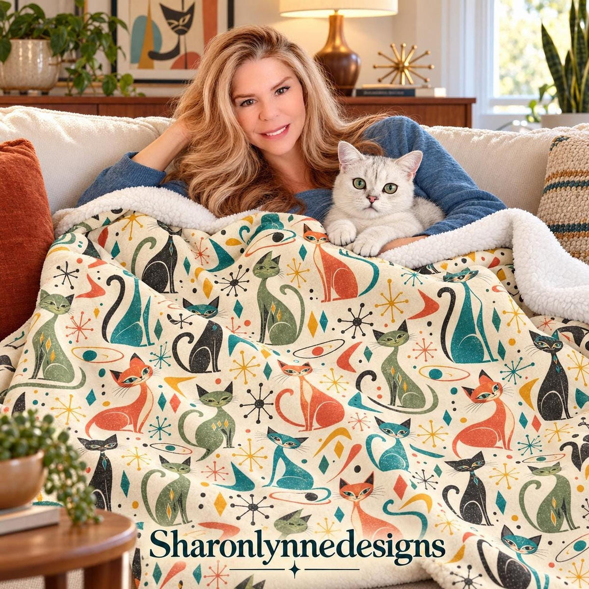 Retro Cat Blanket, 50 × 60 Inch Sherpa Fleece Throw with Mid-Century Print