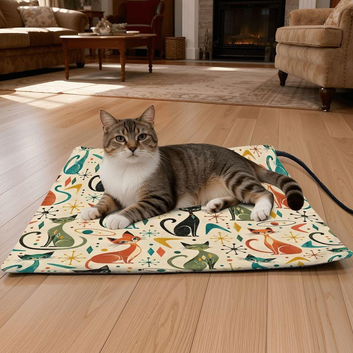 Retro Cat Heating Pad - Warm Pet Bed Mat for Indoor Cats, Electric Heated Blanket