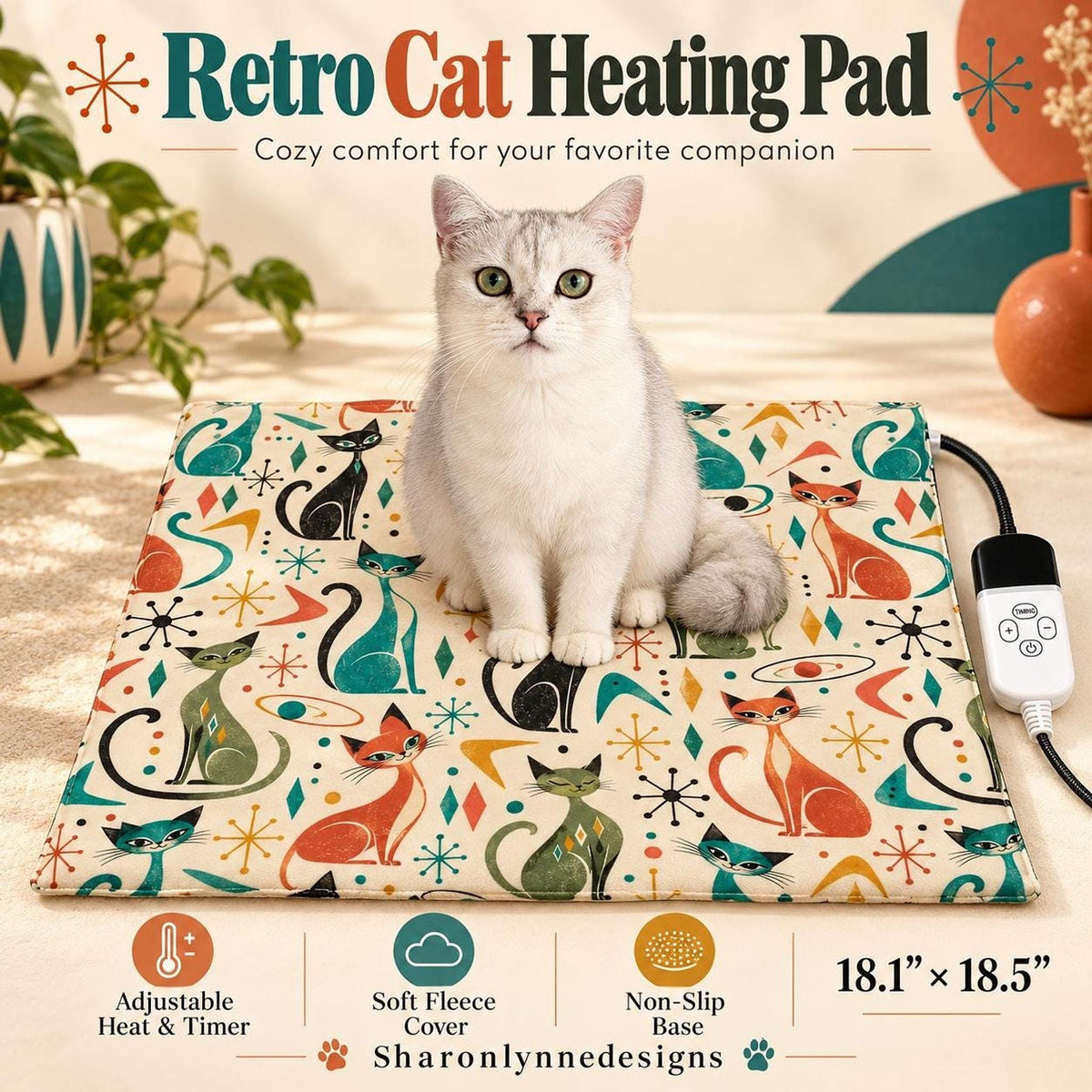 Retro Cat Heating Pad - Warm Pet Bed Mat for Indoor Cats, Electric Heated Blanket