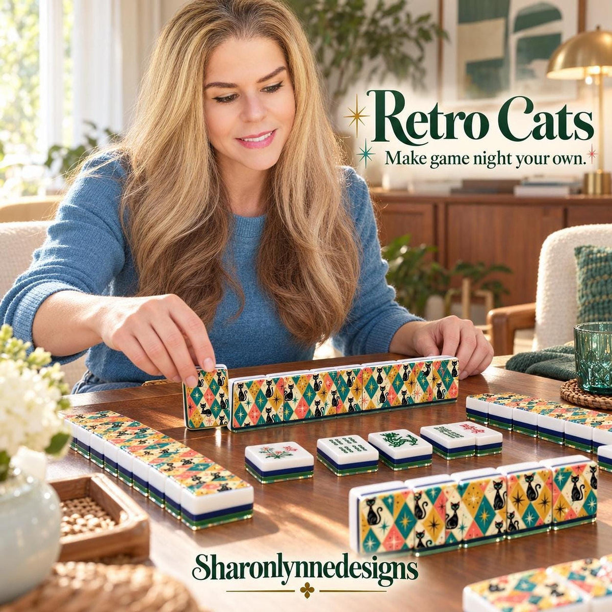 Retro Cat American Mahjong Tiles, 166-Piece Blue Green Acrylic Set