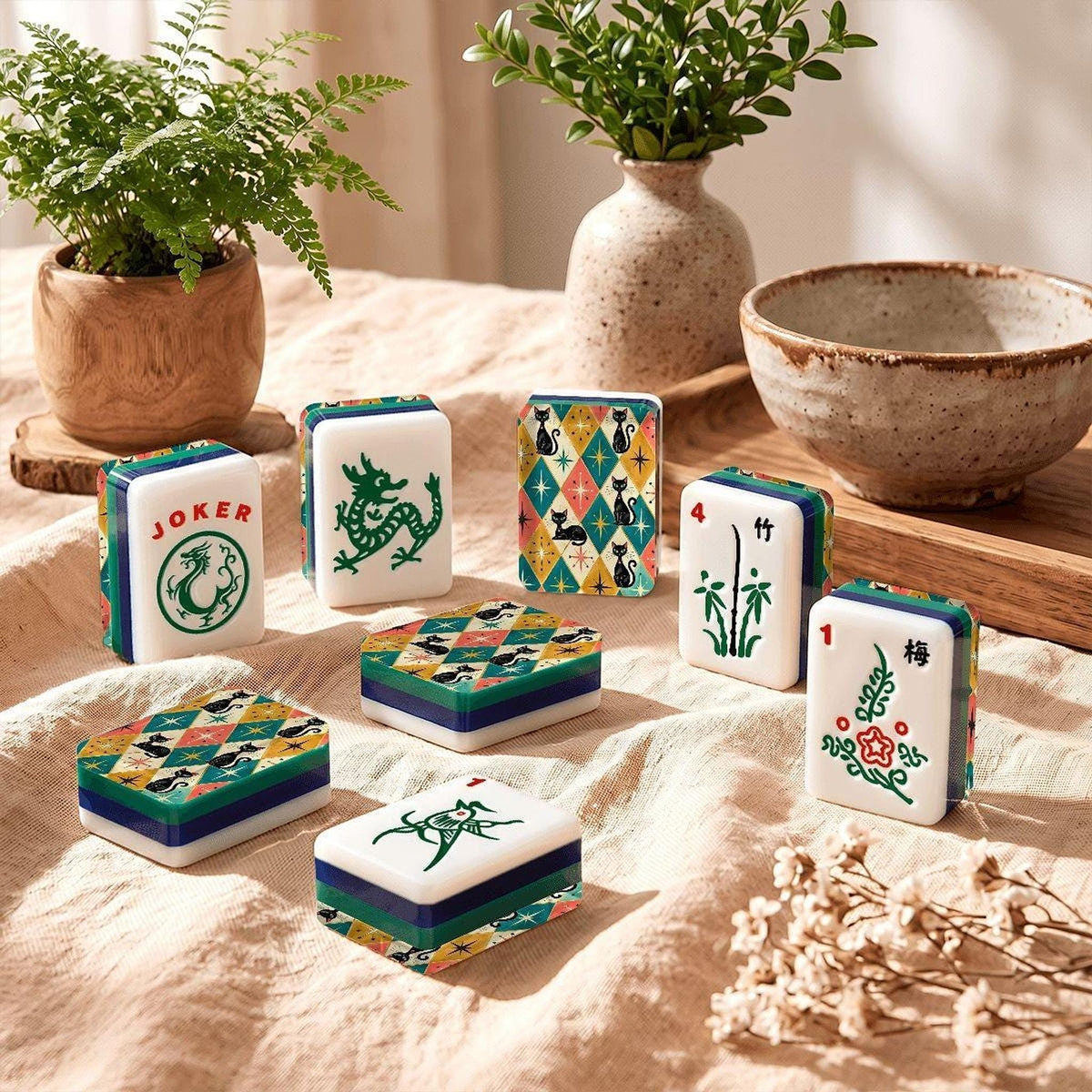 Retro Cat American Mahjong Tiles, 166-Piece Blue Green Acrylic Set