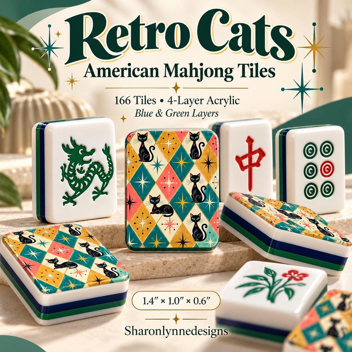 Retro Cat American Mahjong Tiles, 166-Piece Blue Green Acrylic Set