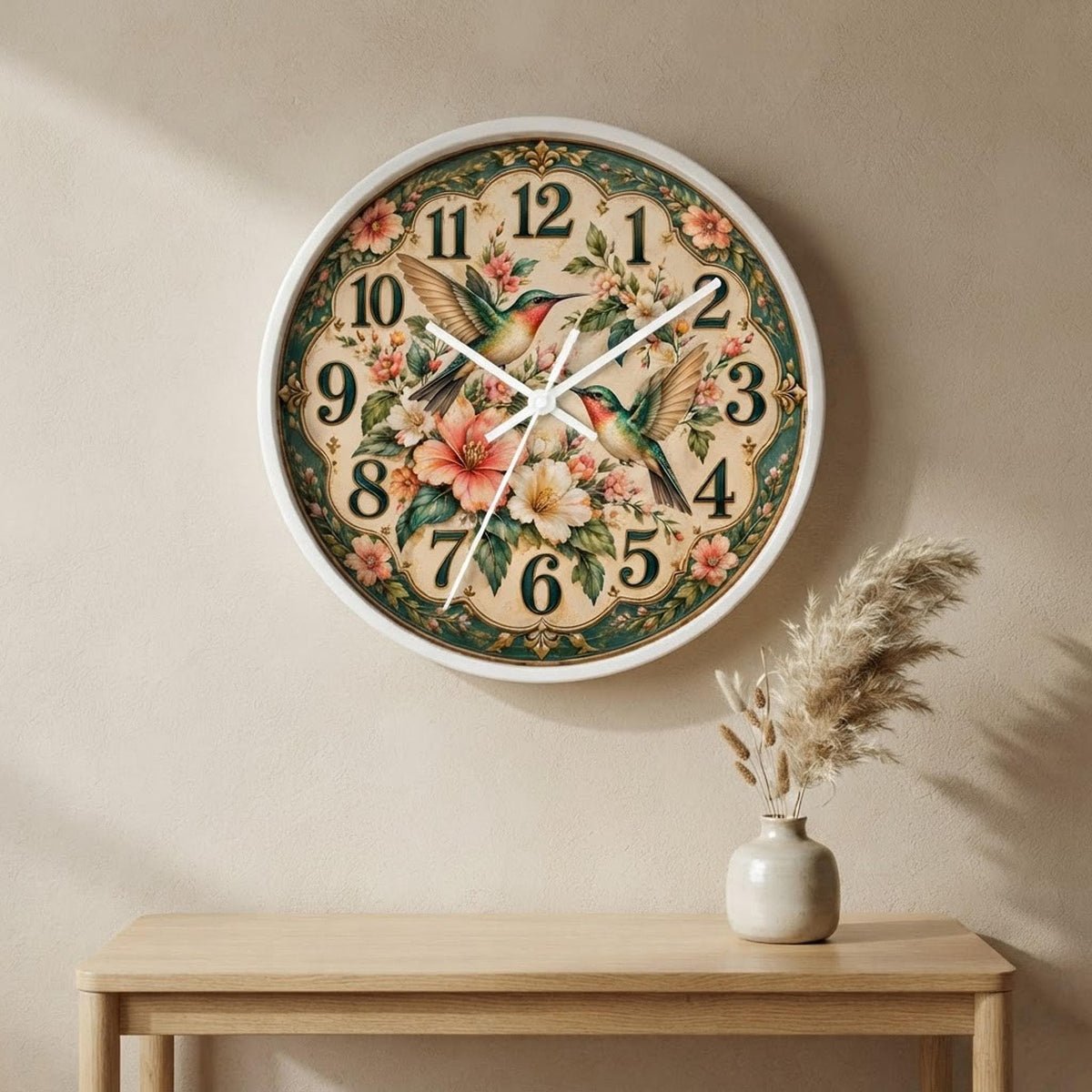 Floral Wall Clock, 10 x 10 Inch Hummingbird Design with Wood Frame