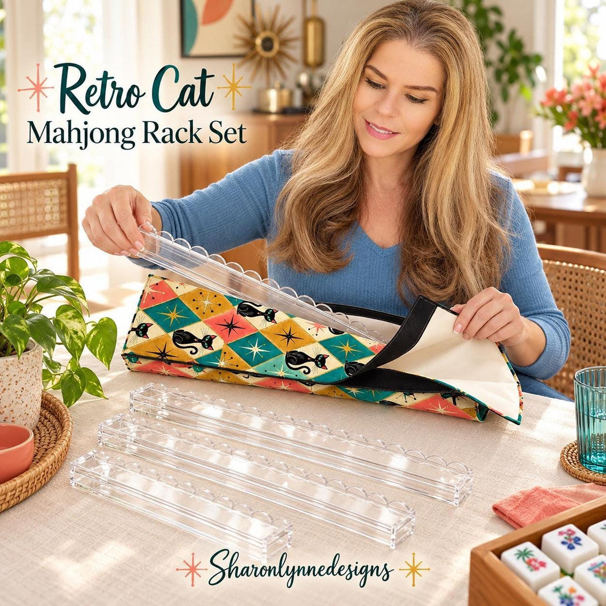 Retro Cat Mahjong Rack Set, Four Acrylic Extended with Scalloped Pushers and Storage Bag