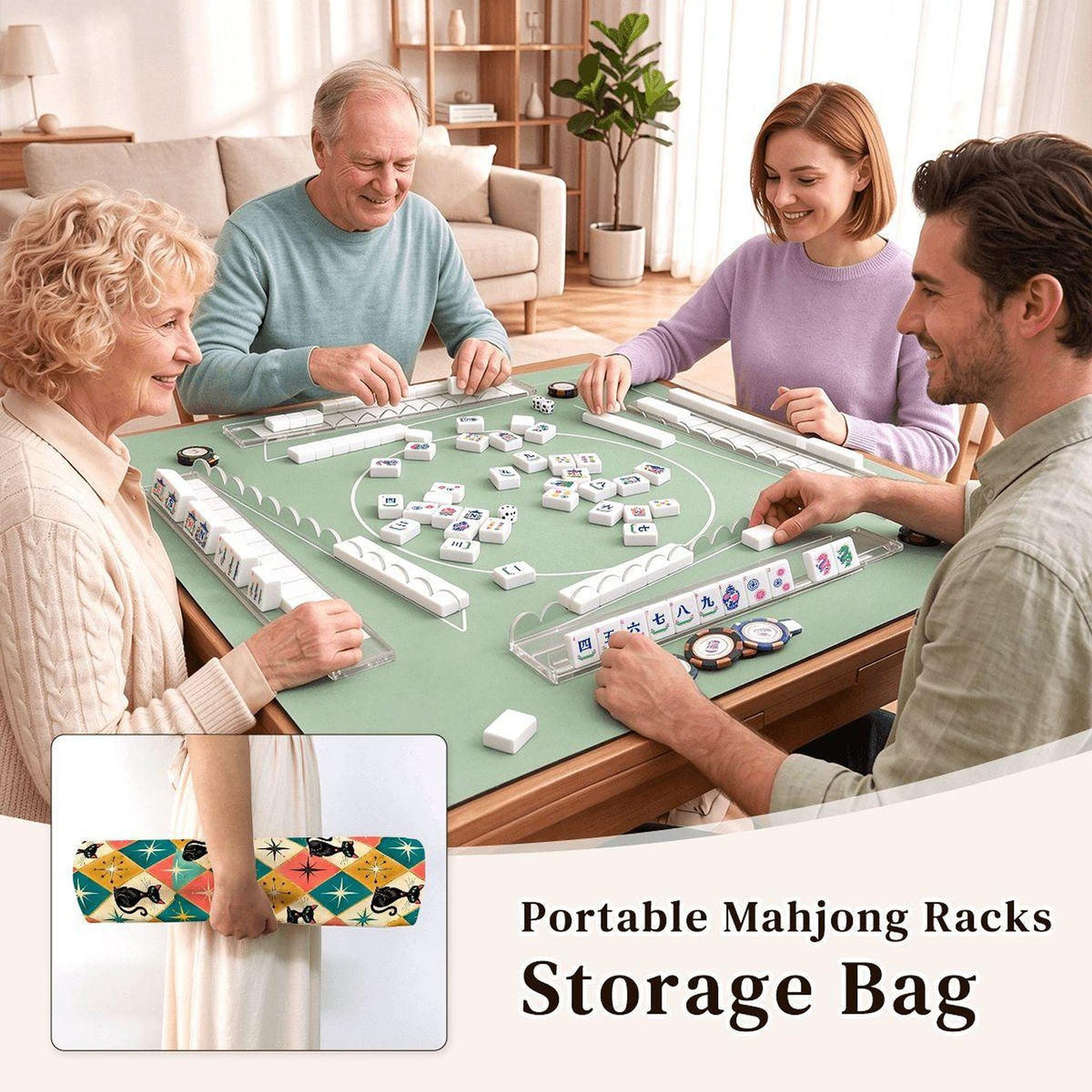 Retro Cat Mahjong Rack Set, Four Acrylic Extended with Scalloped Pushers and Storage Bag