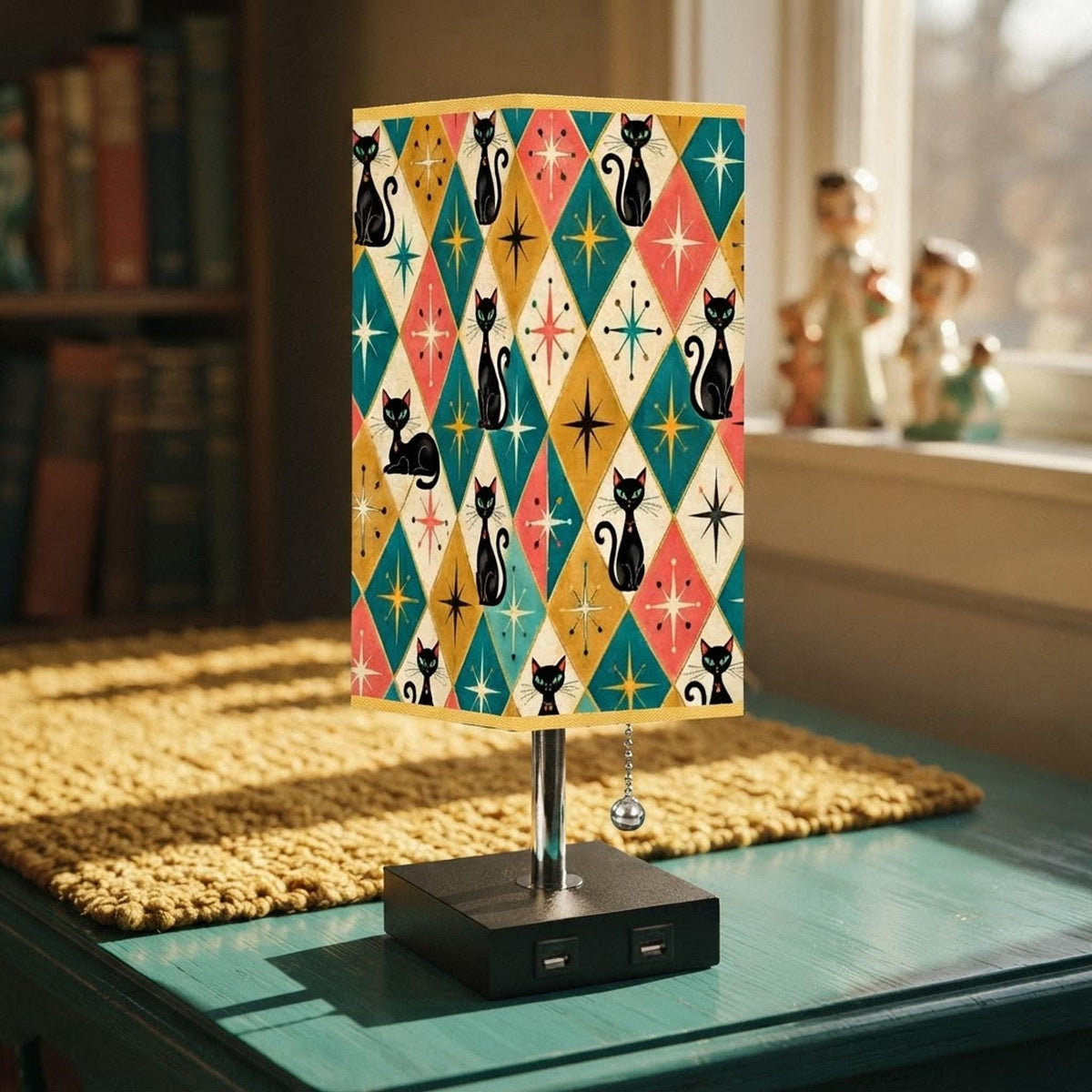 Retro Cat Square Table Lamp with USB Port Gold Trim