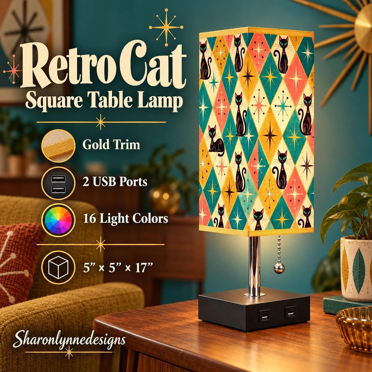 Retro Cat Square Table Lamp with USB Port Gold Trim