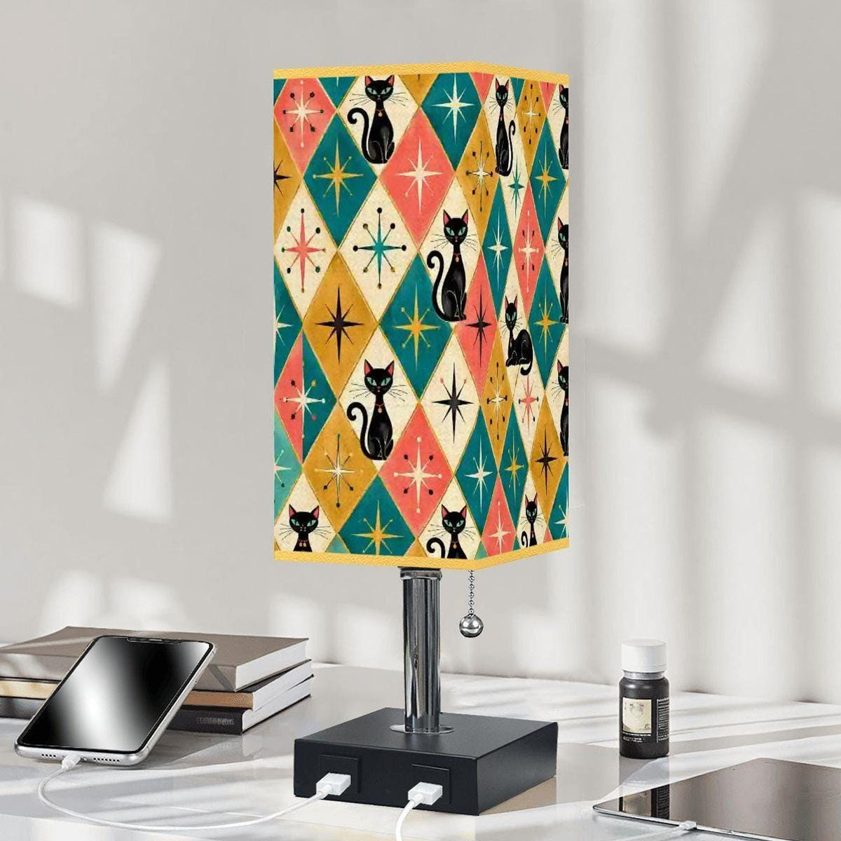 Retro Cat Square Table Lamp with USB Port Gold Trim