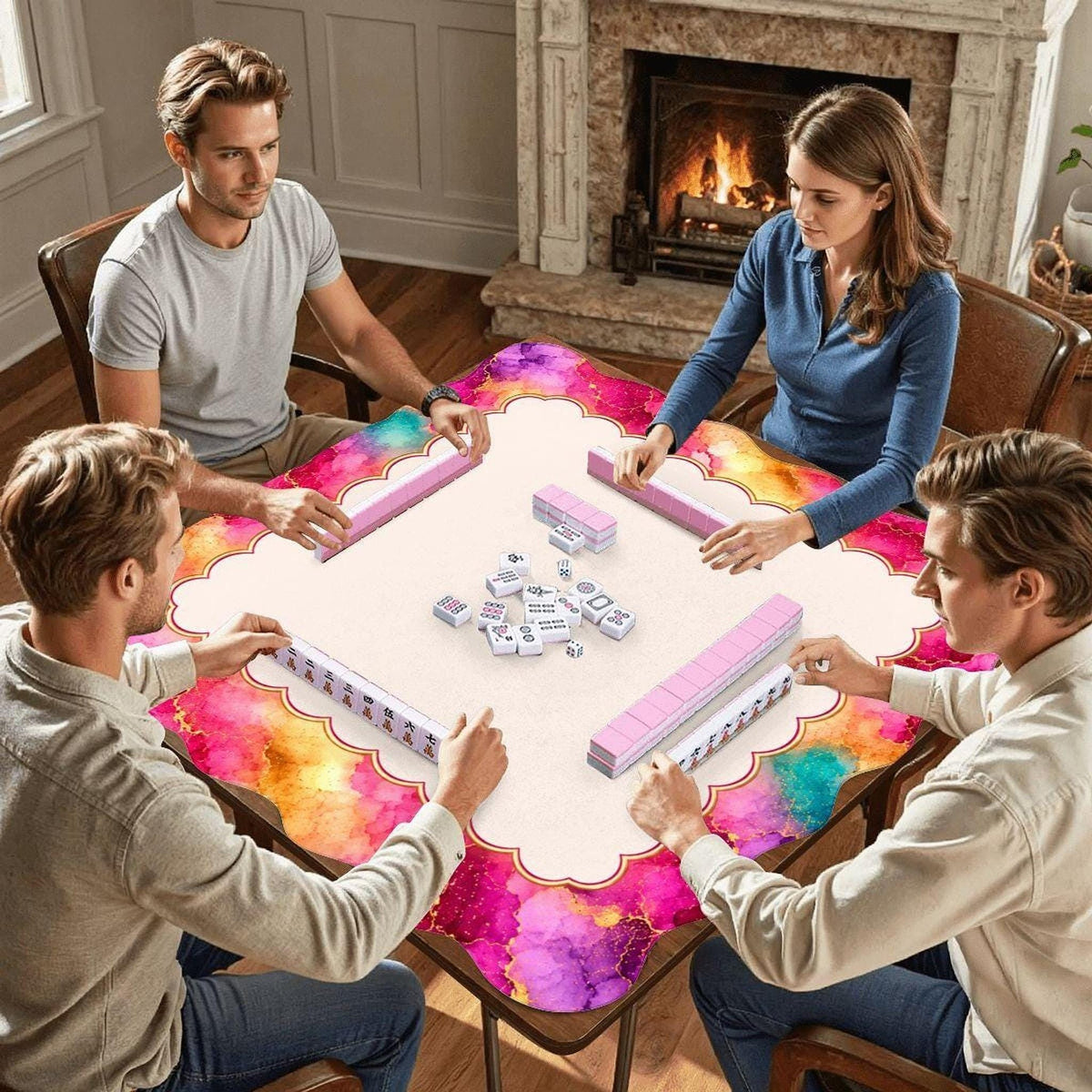 Pink Marble Scalloped Mahjong Mat (Made in USA)