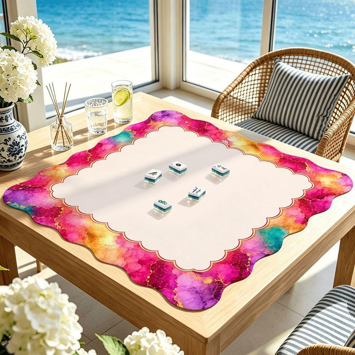 Pink Marble Scalloped Mahjong Mat (Made in USA)