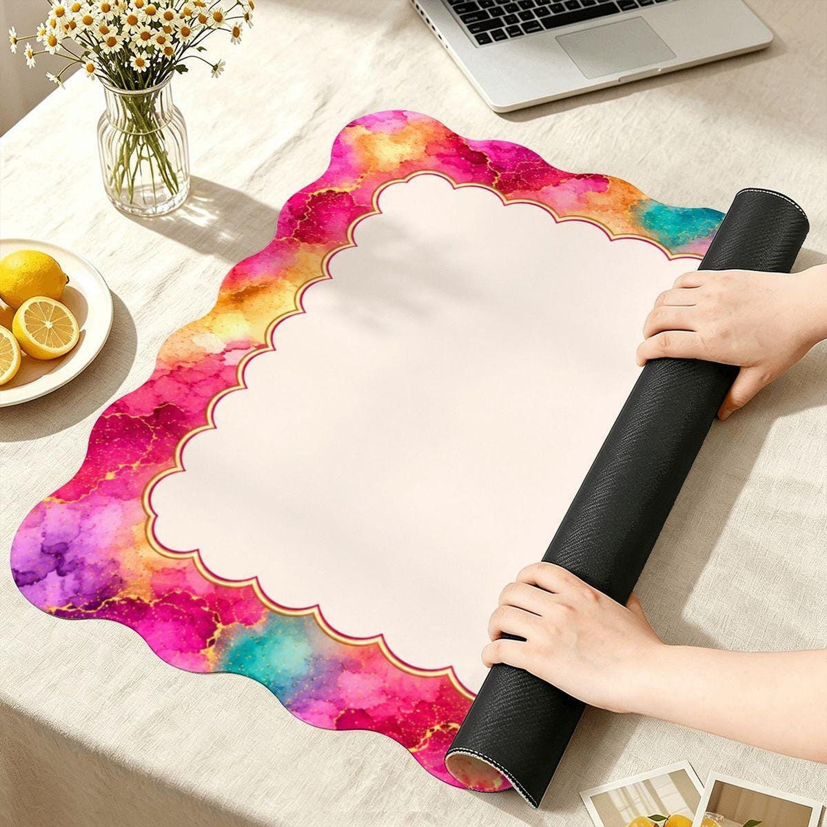 Pink Marble Scalloped Mahjong Mat (Made in USA)