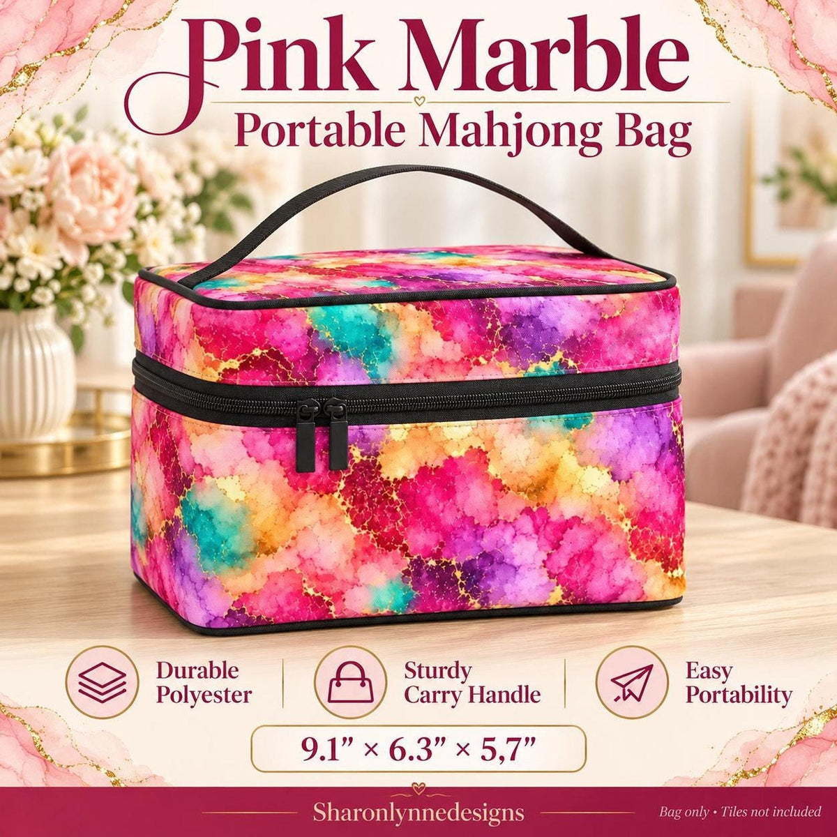 Pink Marble Mahjong Bag, Polyester Portable Storage With Carry Handle